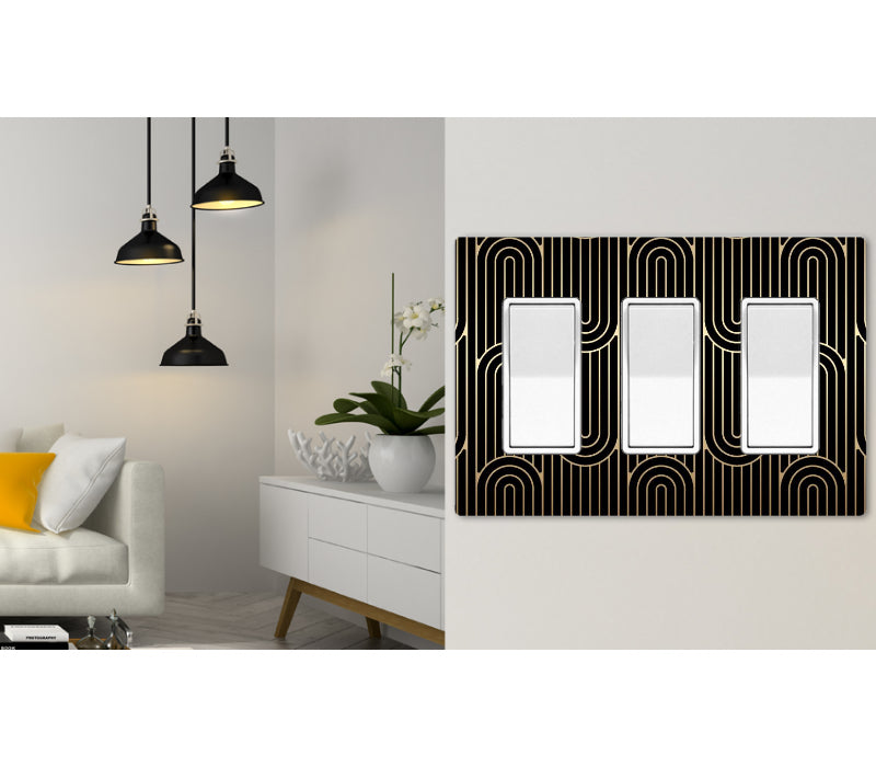 3 Gang Screwless Wall Switch Plate Art Deco Black Gold Design